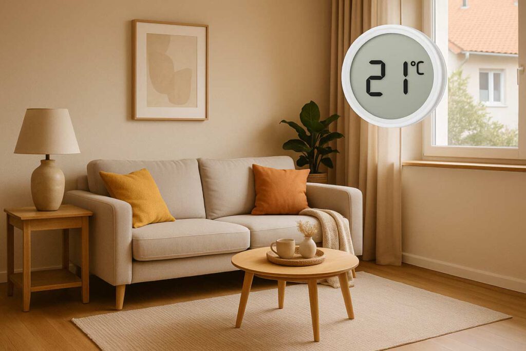 Wohnzimmer mit Thermometer zeigt konstante Raumtemperatur von 21 °C für erhöhten Wohnkomfort durch Fassadendämmung.